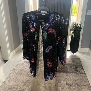 Vintage sequined on silk, Paisley, gala, or special event, jacket holiday party